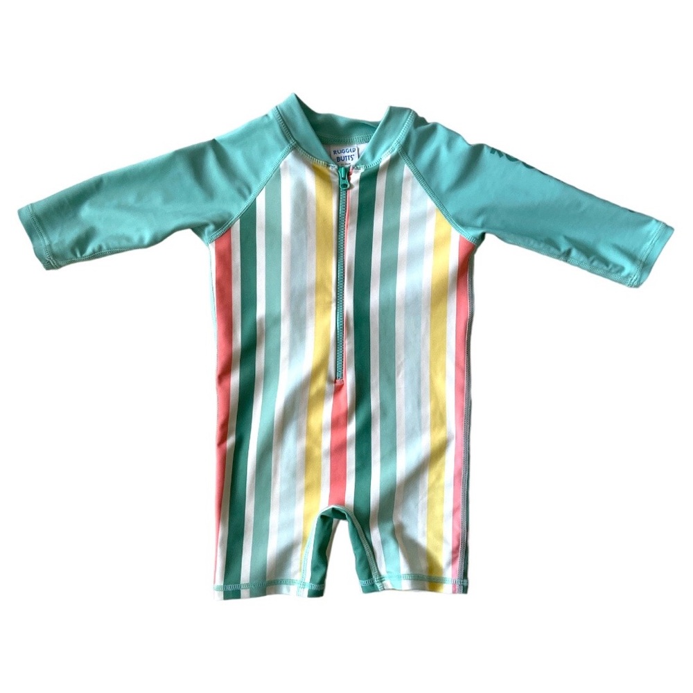 RUGGED BUTTS Swim Saltwater Stripe Rash Guard Bodysuit Green Stripe Shorts Suit